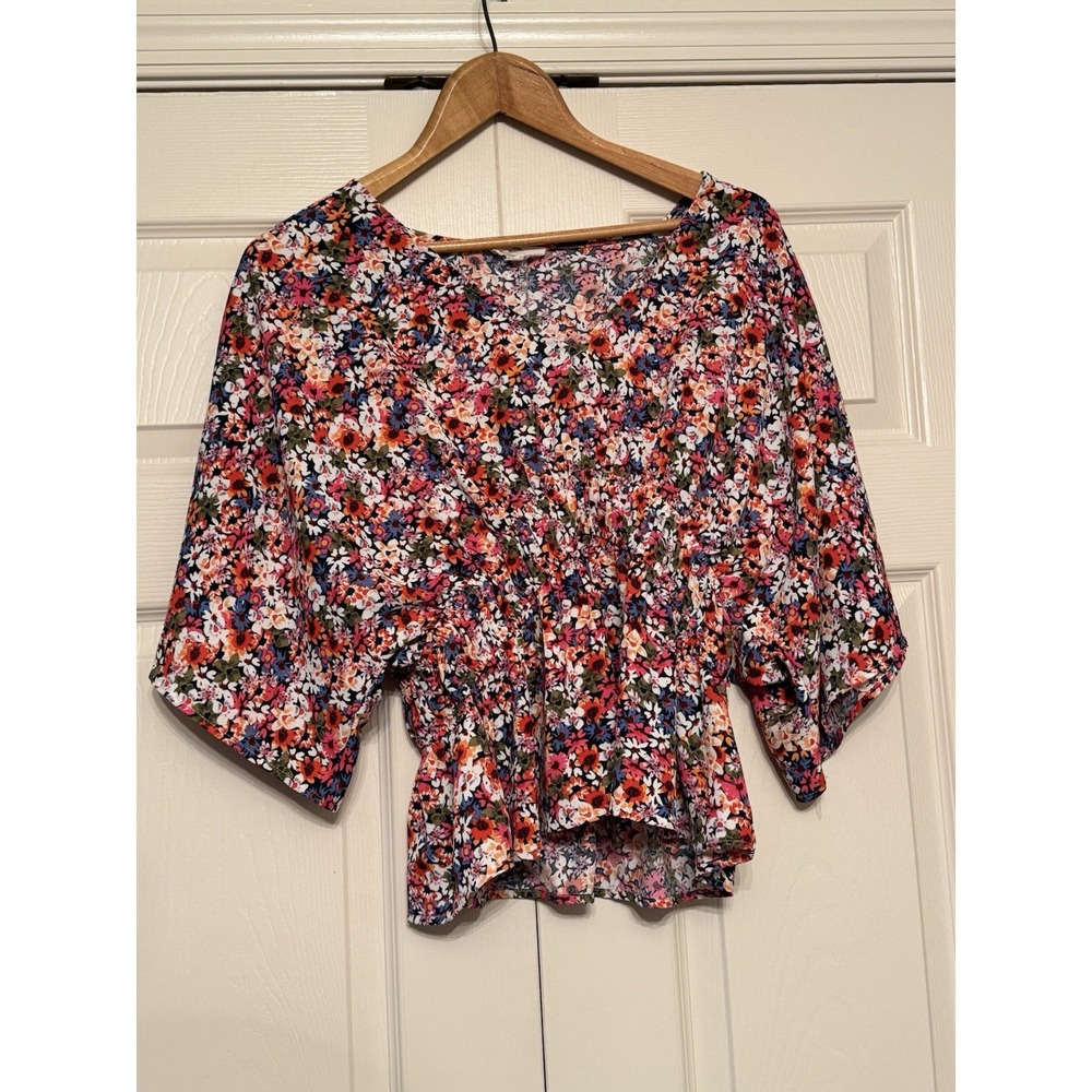 Entro Floral Smocked Waist Top Large Kimono Batwing Sleeve V-Neck Boho Cropped